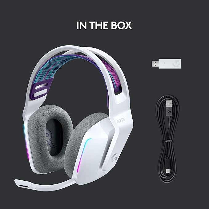 Logitech G733 Lightspeed Wireless Gaming Headset, Suspension Headband, Lightsync RGB, Blue VO!CE Mic, PRO-G Audio – White, Gaming Headset Wireless, PC, PS5, PS4, Switch Compatible