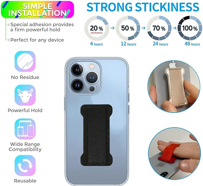 Phone Grip Holder for Hand, Universal Finger Strap Phone Holder, Finger Selfie Grip Compatible with Most Smartphones - 3Pack(Black)