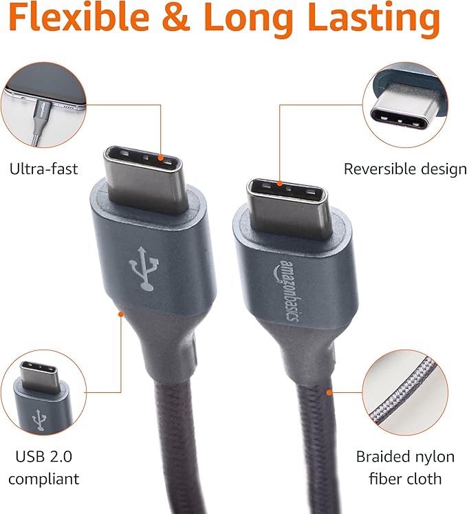 Amazon Basics USB C to USB C Cable Charger Cable, Nylon Braided Cord, 480Mbps Speed, USB-IF Certified, for Apple iPhone 16/15, iPad, Samsung Galaxy, Tablets, Laptops, 10 Foot, Dark Gray