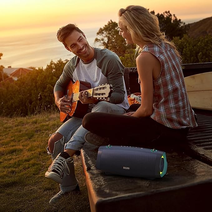 DOSS Extreme Boom Pro D100 Bluetooth Speaker with 140W Peak, 70W Bold Sound, Extra Bass, 24H Playtime, Beat-Sync Lights, Built-in Battery Sharing, IPX6 Waterproof, Portable Strap for Outdoor-Blue