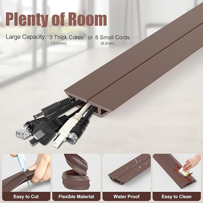 Eapele 6.5 ft Floor Cord Cover Heavy Duty Cable Protector, Cord Covers for Wires on Floor, Floor Cable Cover Easy to Unroll Prevent Trip Hazard for Home Office or Outdoor Settings (Brown)