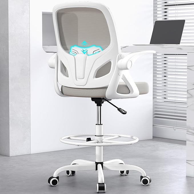 Tall Drafting Chair with Footrest Ring for Home and Work, Ergonomic Home Desk Office Chair with Flip up Arms and Lumbar Support, Extended Height Executive Desk Office Chair(Gray)