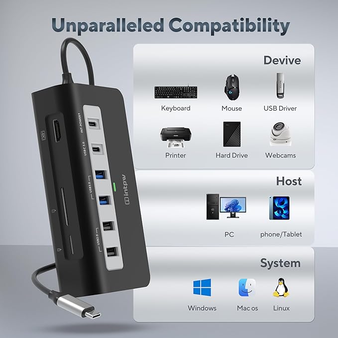 USB C Hub, INTPW 9-in-1 USB Multiport Adapter with 4K HDMI, PD 100W, USB-C and 2 USB A 3.0 5Gbps, 2 USB A 2.0, SD/TF Card Reader, Aluminum USB Hub for Laptop, iPhone 16/15 Series, MacBook, iPad
