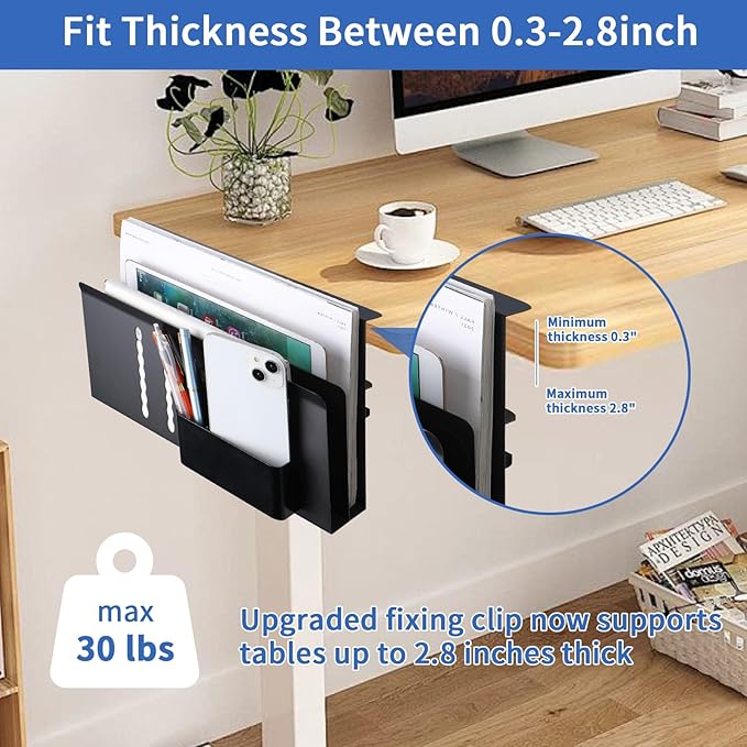 LUKETURE Laptop Holder, Steel Desk Side Storage, No Drill Standing Desk Accessories, Clamp on Laptop Mount with Pen Holder, Fits Flat Edge Tables 0.3" to 2.8" (Black, L(2 Tier))