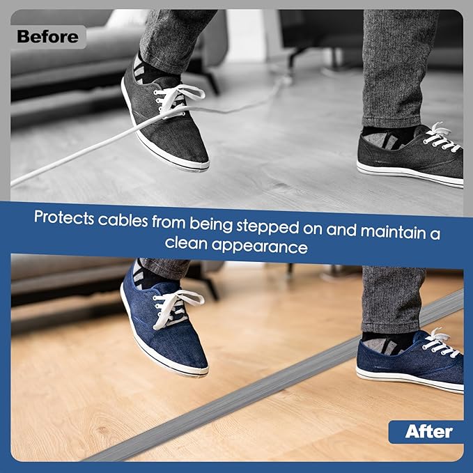 Floor Cord Cover for Wires on Floor Self Adhesive Cord Hider Floor Cable Management Wire Covers for Cords Protector Prevent Cable Trips Cord Cavity W 0.32" x H 0.32", Gray Wood, 20Ft