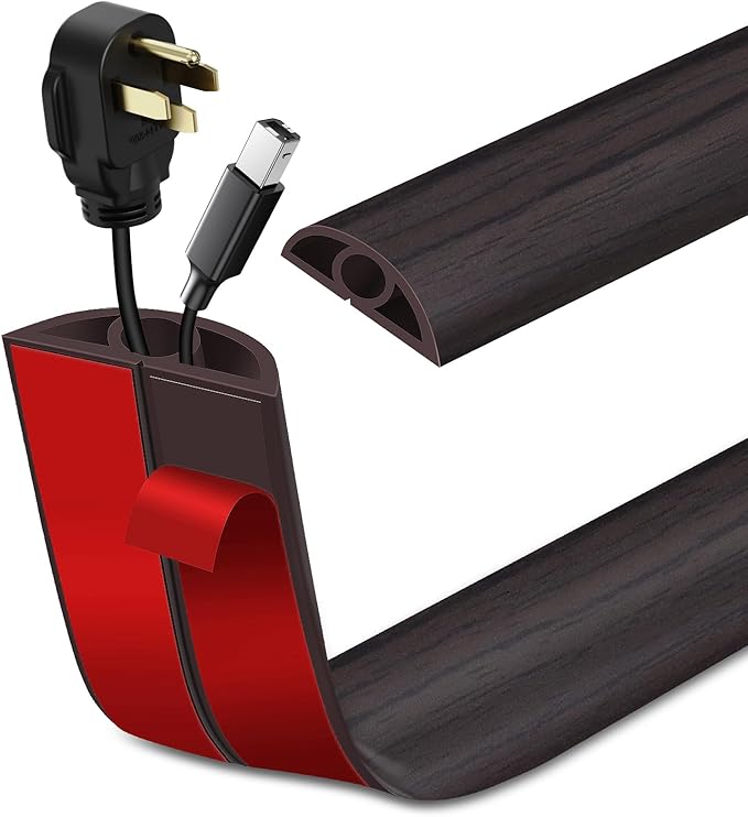 Floor Cord Cover Self Adhesive Cord Hider Floor Extension Cord Covers for Floor Power Cord Protector Cable Management Prevent Cable Trips Cable Cavity 0.32" W x 0.32" H (Dark Walnut, 10Ft)