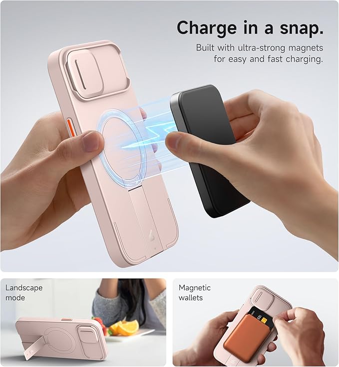 SURITCH for iPhone 13/14 Case with Magnetic Camera Slide Cover and Adjustable Kickstand, Compatible with MagSafe, Shockproof Bumper Case Slim Protective Cover for iPhone 13/14 6.1 Inch, Pink