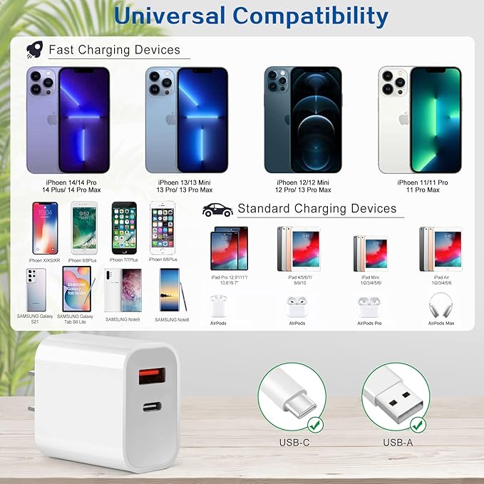 iPhone Charger Fast Charging Block,Dual Port Fast Apple iPhone Charger [Apple MFi Certified]2Pack 20W Quick Double iPhone Wall Charger,6FT USBC to Lightning Cable For iPhone 14 ProMax/13/12/SE/Airpods