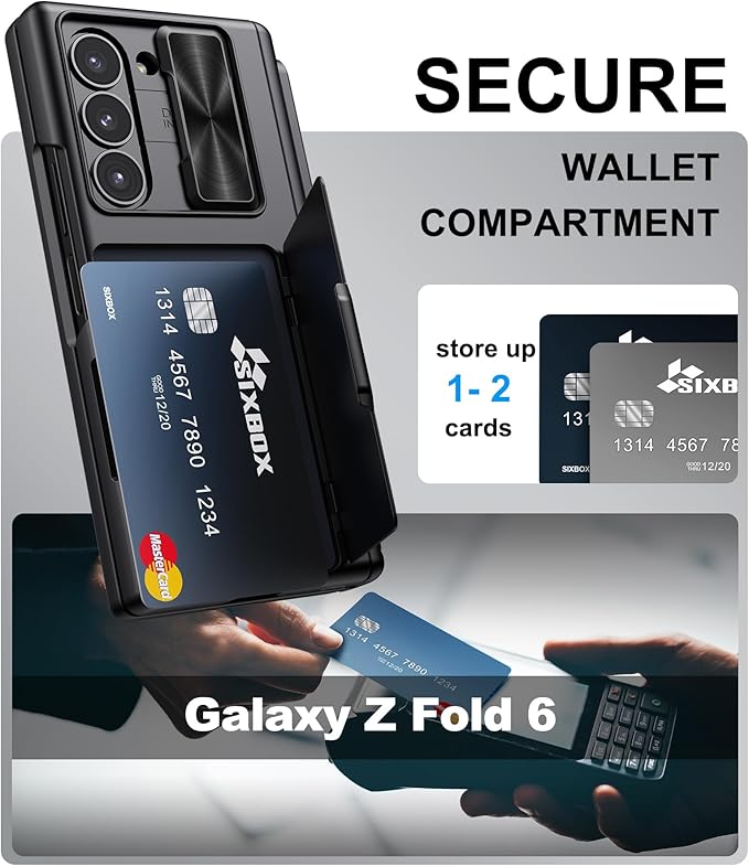 for Samsung Galaxy Z Fold 6 Case with Card Holder & S Pen Holder & Slide Camera Cover, Built-in Hinge Protection & Screen Protector, Durable Wallet Phone Cover Case for Z Fold 6 5G 2024, Black