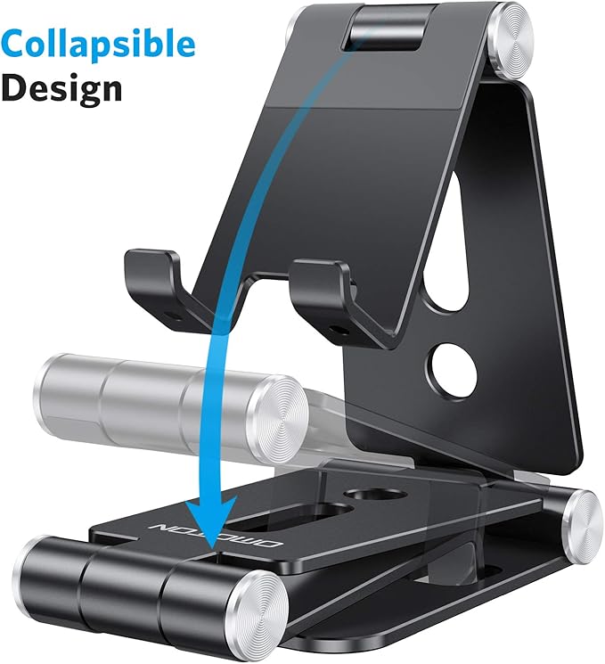 OMOTON Foldable Cell Phone Stand, C4 Portable Aluminum Phone Holder, Adjustable Phone Dock Cradle Compatible with iPhone 13/12/11 Pro Max, Samsung Galaxy, Small Tablets and Other Phones, Black
