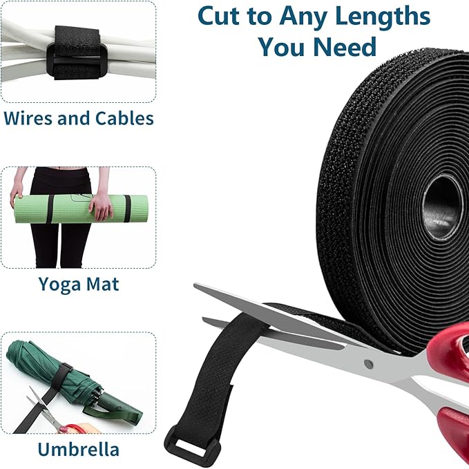 26ft Cut-to-Length Cable Straps 1in Wide with 20pcs Plastic Buckles, Adjustable Cinch Strap Free Cutting, Reusable Hook and Loop Straps for Fastening Cable Ties, Cord Straps, Wire Management