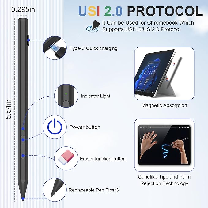 USI 2.0 Stylus Pen for Chromebook & Google Pixel Tablet - Amazon Fire Max 11 Tablet, Lenovo Chrome Book Duet, Acer Chromebook Spin 314, HP, Google Pixel Tablet Stylus, 4096 Pressure USI Stylus Pen