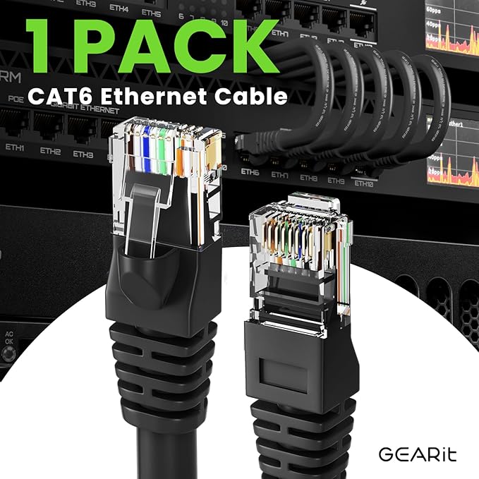 GEARit Cat 6 Ethernet Cable (1-Pack 3 Feet) Cat6 Network Patch, 10Gbps, RJ45, Snagless Cord, Gold-Plated Connectors, Internet for PC, TV, Tablet, Router, Printer, Servers, IT Data Center - Black
