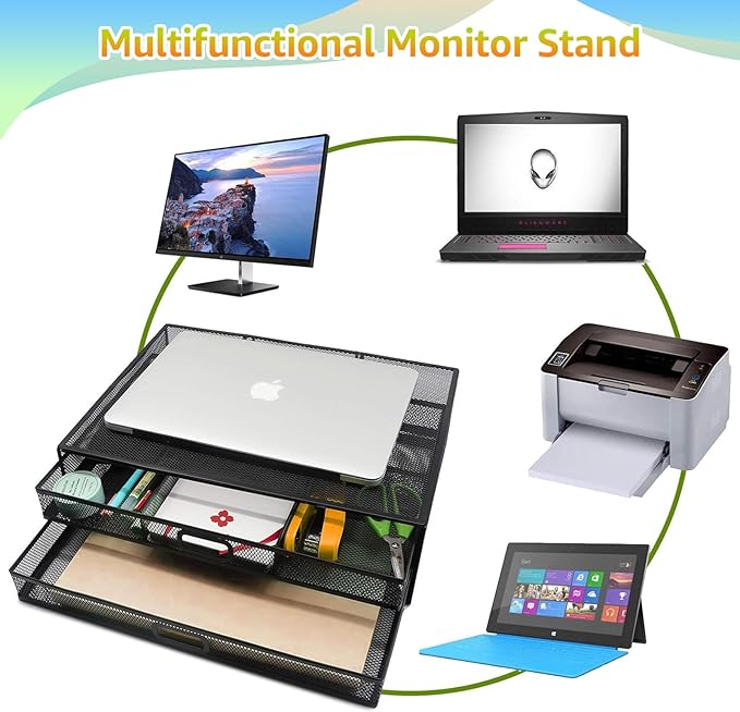 Computer Monitor Stands with Drawers, Metal Mesh Desktop Monitor Riser, Desk Storage Organizer with Drawers for PC, Laptop, Printer (Black)