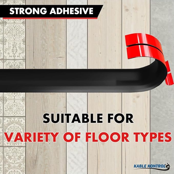 Kable Kontrol Silicone Floor Cord Cover - 5 Ft Flexible Cord Protector, Self Adhesive, for Concealing Extension Cable, Protecting Wires, Prevents Trips – 2.5in W X 0.5in H - 35 Pcs - Black