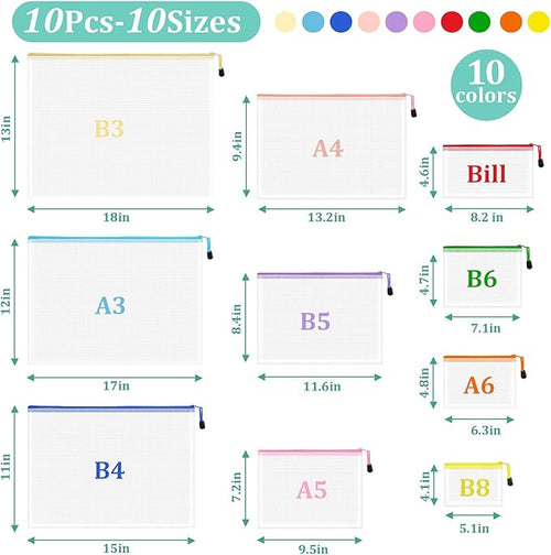 10pcs Mesh Zipper Pouch Bags, 10 Sizes Zipper Bags for Organizing, Mesh Bags with Zipper, 10 Colors Plastic Zipper Pouches, Puzzle Bags, Board Game Storage Bags, Travel Pouch