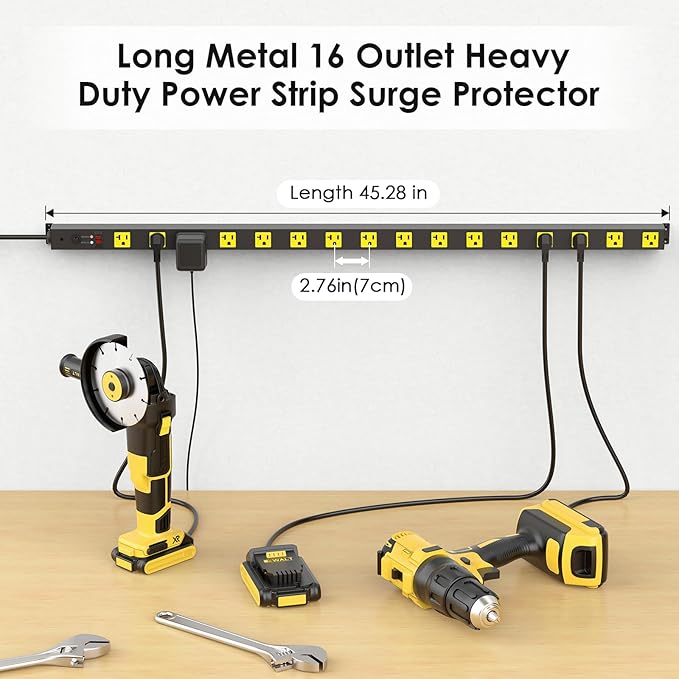 JUNNUJ Long Metal 16 Outlet Power Strip, Heavy Duty Power Strips Surge Protection 4800J with Circuit Breaker, 20a Wide Spaced Socket Wall Mount 5-15P Adapter High Amp 6-20R T-Slot 10FT Extension Cord