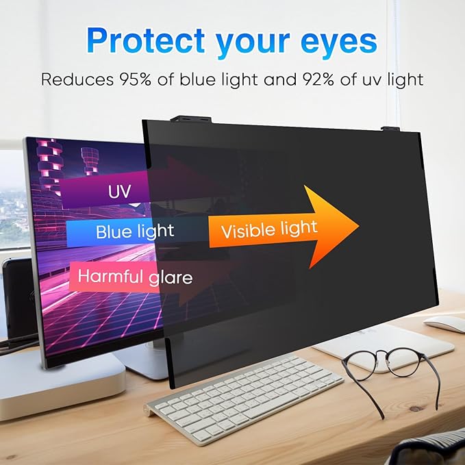 Magnetic Computer Privacy Screen 24 Inch, Removable Hanging Privacy Screen Shield for Frameless Monitor 16:9 Widescreen, Anti Blue Light Privacy Filter, Anti-Glare Protector