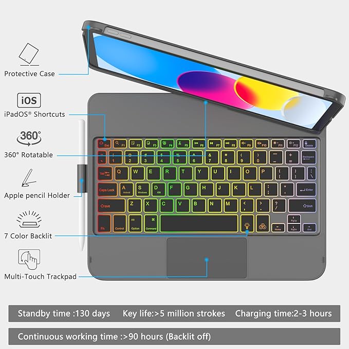 for iPad A16 11th Generation/10th Generation Case with Keyboard,Touch Keyboard for iPad 11" /10th Gen 10.9 inch 2022-10 Color Backlight, 360° Rotatable Protective Cover (Titanium Gold Grey)