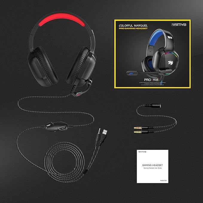 Gaming Headset with Microphone for Pc, Xbox One Series X/s, Ps4, Ps5, Switch, Stereo Wired Noise Cancelling Over-Ear Headphones with Mic, RGB, for Computer, Laptop, Mac, Nintendo, Gamer (Red)