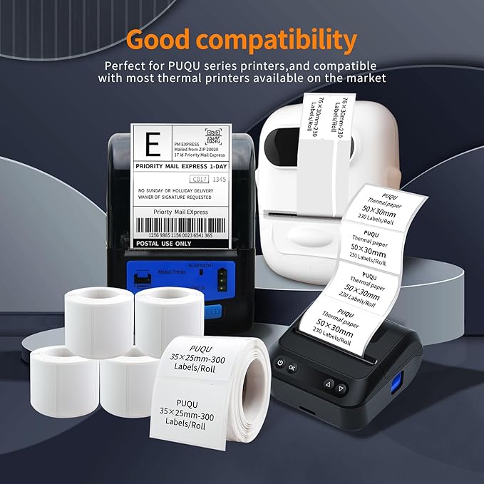 PUQU 20x10mm inch Direct Thermal Sticker Labels, Self-Adhesive All-Purpose Label Maker Tape, Compatible with AQ Series Label Printer, Refills Standard Laminated Office Labeling, 6 Rolls, 3600 Labels