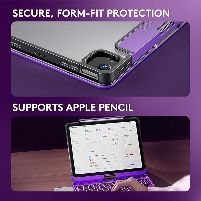 GUSGU Transparent Case with Wireless Keyboard for iPad 10.2-in (7th, 8th, and 9th Gen), 7 Colors Backlight, Trackpad, 360°Rotating Stand, Tech Style