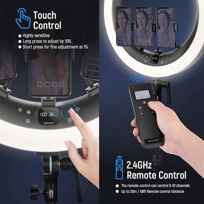 NEEWER 19 inch 2.4G Ring Light with Stand, 3 Phone Holders, 2.4G USB Transmitter for Mac/PC Remote Control, Touch Panel, Smooth Dimming at 1%, 3200K-5600K for Selfie TikTok Live Streaming Zoom, RP19H