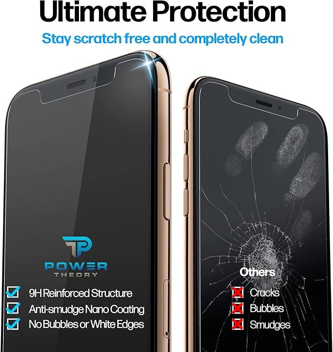 Power Theory Designed for iPhone Xs Max Screen Protector Tempered Glass [9H Hardness], Easy Install Kit, 99% HD Bubble Free Clear, Case Friendly, Anti-Scratch, 2 Pack
