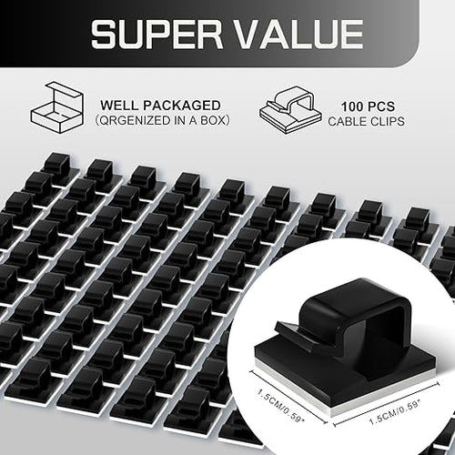 100PCS Cable Clips, Adhesive Wire Clips Strong Cord Clips Wire Holders, Cable Management Clips for Desk, Wall, Car, TV, Ethernet Cable (Black, Small)
