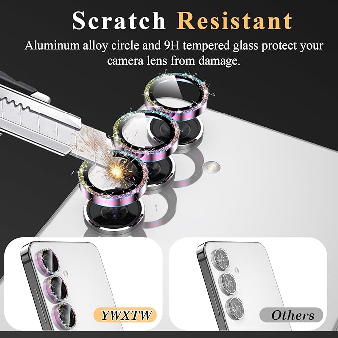 YWXTW Camera Lens Protector for Samsung Galaxy S24 / S23 / S23 Plus, [NOT for S24 Plus] 9H Tempered Glass Metal Individual Ring Camera Screen Protector for S24 Accessories (Colored Glitter)