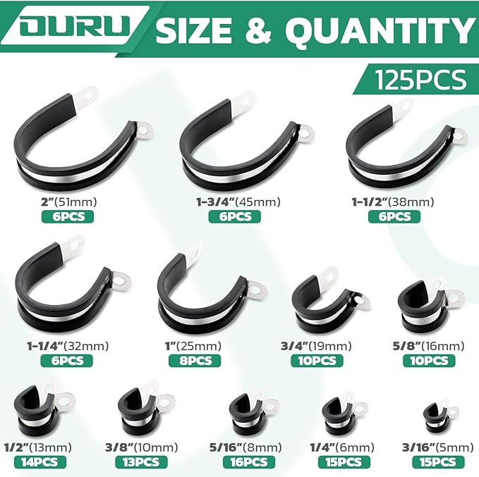 125PCS Cable Clamp,12 Sizes Stainless Steel Rubber Coated Cushioned Insulated Cable Clamps Assortment Kit-Metal Wire Clamps,Cable Clips,Pipe Clamps