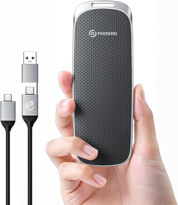PHIXERO P10PRO External NVMe SSD 256GB, Up to 1050MB/s, USB 3.2 Gen2, Includes 2-in-1 USB C Cable, Portable Hard Drive for iPhone 15+/Android/Windows/Mac, Black