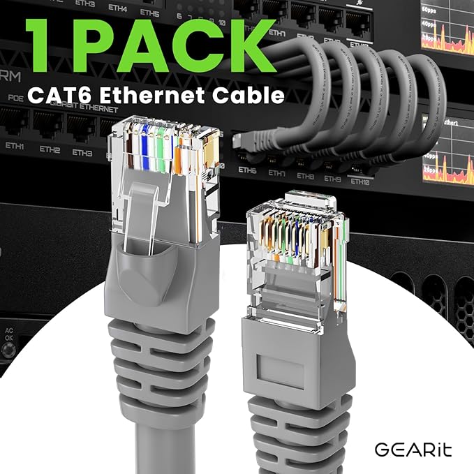 GEARit Cat 6 Ethernet Cable (1-Pack 10 Feet) Cat6 Network Patch, 10Gbps, RJ45, Snagless Cord, Gold-Plated Connectors, Internet for PC, TV, Tablet, Router, Printer, Servers, IT Data Center - Gray