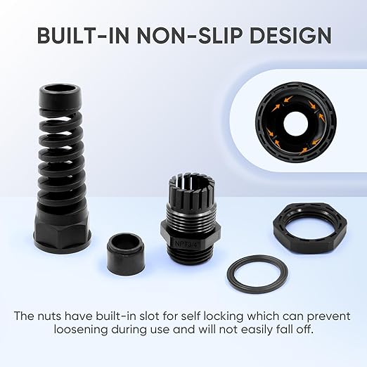 Strain Relief Cord Connector,LISTENJIALE 2Pcs NPT 3/4" Waterproof Cable Gland Flex Spiral Strain Relief Adjustable 12.5-18mm Cable Connector Nylon Joint with Gaskets(Black)