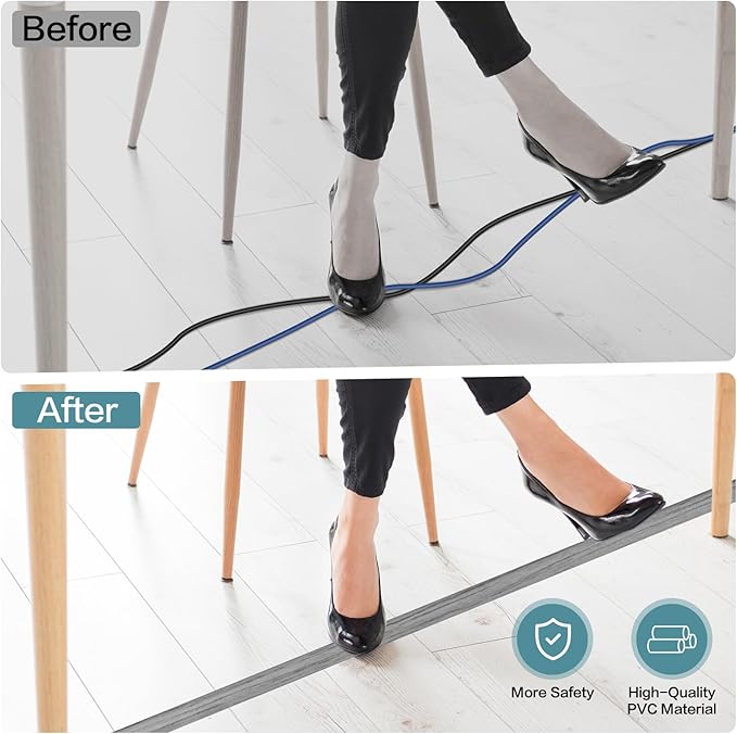 Floor Cord Cover Self Adhesive Cord Hider Floor Extension Cord Covers for Floor Power Cord Protector Cable Management Prevent Cable Trips Cable Cavity 0.32" W x 0.32" H (Light Grey Wood, 3.3Ft)
