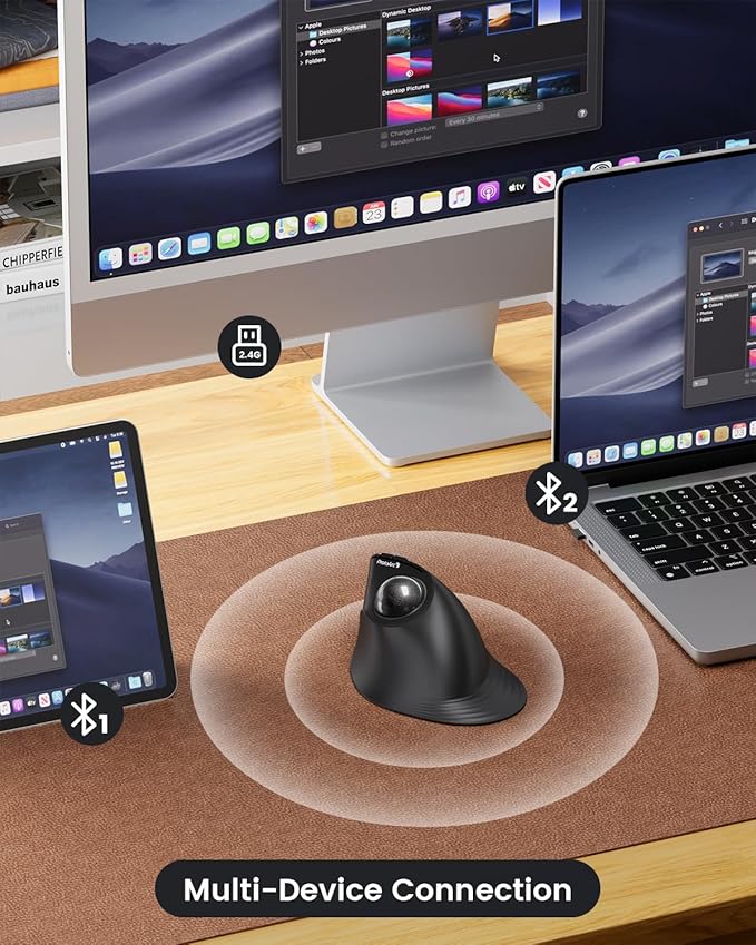 ProtoArc Vertical Wireless Trackball Mouse, EM05 NL Bluetooth Ergonomic Rollerball Mouse Rechargeable Computer Laptop Thumb Mice, 3 Device Connection, Compatible with iPad, Mac, Windows, PC-Gray