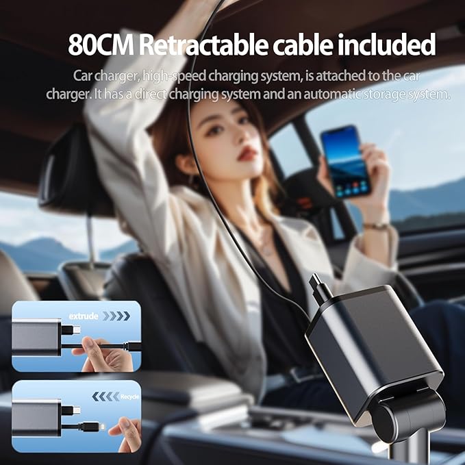 Mini Retractable Car Charger, 87W Car Accessories Adapter for iPhone 16 USB C Charger Fast Charging, Travel Essentials Gifts for Women Men, Road Trip Essentials for iPhone 16e 16 15 14 13 12