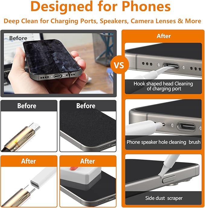 Cell Phone Cleaning Kit, iPhone Cleaning Kit for Charging Port Cleaner Keyboard Cleaning Kit for Airpods/Android/USB C/Earbuds/Laptop/iPad/Camera Lens with Stylus Pen, SIM Tool, Screen Brush (White)