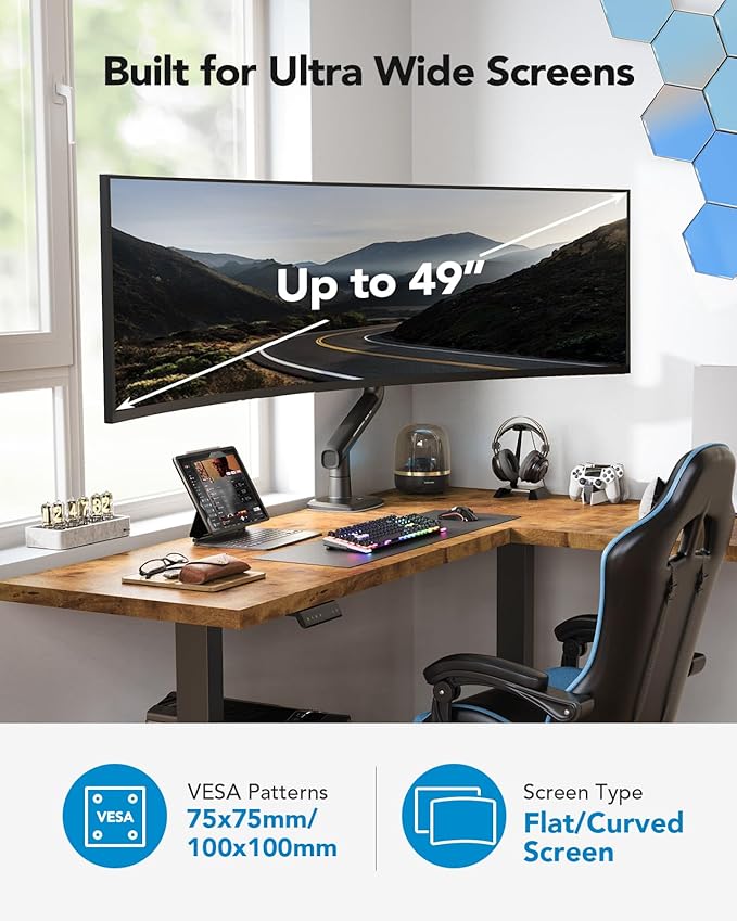 HUANUO Heavy Duty Monitor Arm for Ultrawide Screens up to 49", Holds 40 lbs,Aluminum Ultrawide Screen Desk Mount,Fully Adjustable Single Monitor Mount with C-clamp, Grommet Base, Max VESA 100x100