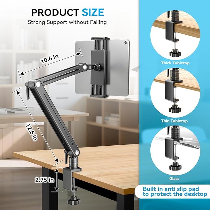 Jakeko Adjustable Tablet Mount for Desk - 360° Rotating Base Tall Arm Holder Stand for iPad Air/Pro/Mini Swivel Flexible Clamp Soporte para Tablet/Portable Monitor/Ereader