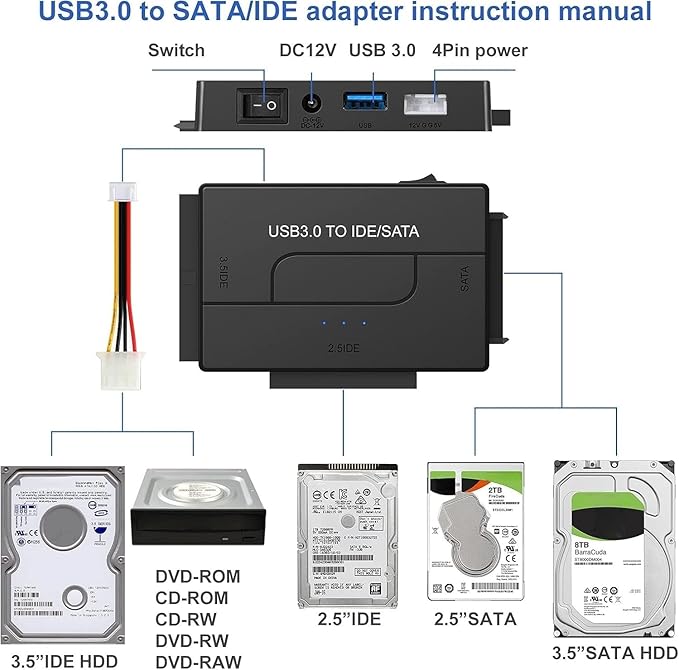 USB 3.0 to SATA IDE Hard Drive Reader, YINNCEEN External Hard Drive Ultra Recovery Converter Universal Hard Drive Adapter Kit for 2.5/3.5 HDD/SSD Hard Drive Disk, Include 12V/2A Power Adapter