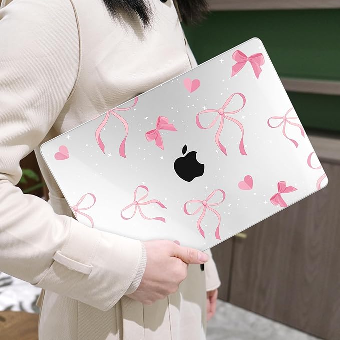 MEEgoodo for MacBook Air 13.3 inch Case 2021 2020 2019 2018 A2337 M1 A2179 A1932, Laptop Shell for MacBook Air M1 with Keyboard Webcam Cover & Trackpad Film & Type C Adapter,Pink Ribbons Bows