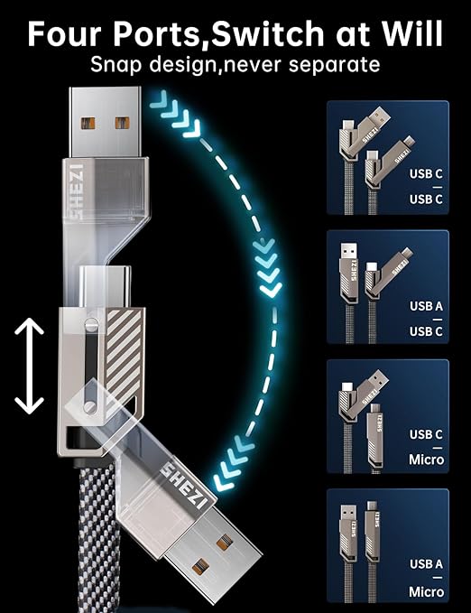【One is Enough】 4-in-1 USB C to Micro Cable, High-Speed Charging & Fast Data Transfer,CarPlay & Android Auto Support Multi Charger Cord Combo Micro/Type C/USB A for iPhone/Samsung/iPad,5FT