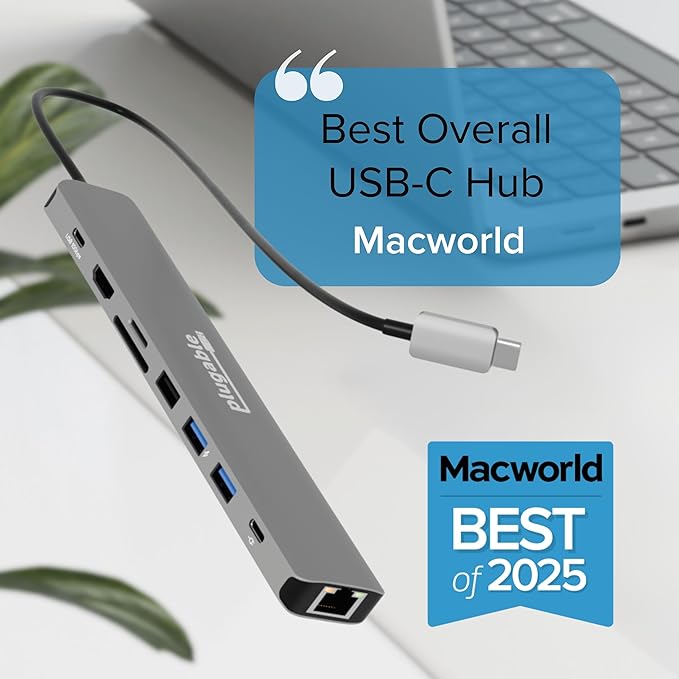 Plugable USB C Hub Multiport Adapter: 9-in-1 with 140W PD Charging, 4K 60Hz HDMI, 10Gbps Data Transfer, Gigabit Ethernet, SD, for USBC, USB4, Thunderbolt MacBook, Windows, Chromebook (USBC-9IN1E)
