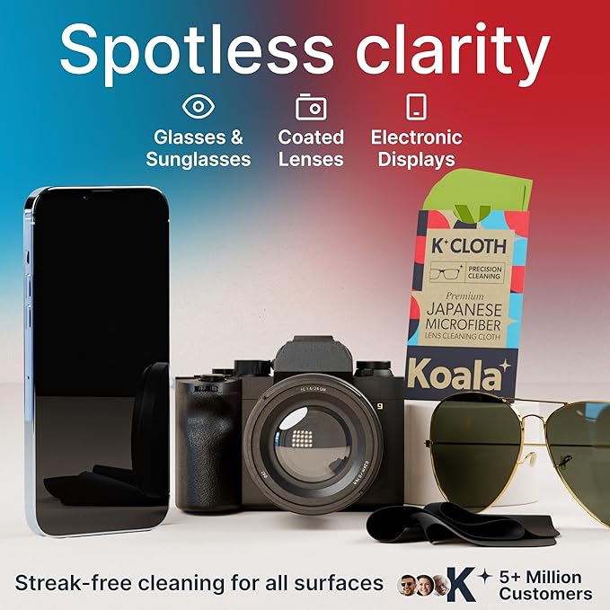 Koala Lens Cleaning Cloth | Japanese Microfiber | Glasses Cleaning Cloths | Eyeglass Lens Cleaner | Eyeglasses, Camera, VR/AR Headset, and Screen Cleaner | Black & Green (Pack of 2)