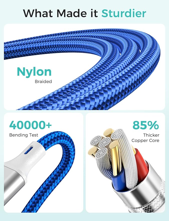 2Pack Travel Essentials Multi Charging Cable for Watch Charger 4 in 1 Fast Charger Camping Essentials USB C/L/Micro Compatible with Watch Series 10-1/SE/Ultra Phone 16 15/Galaxy Android-4FT/Blue