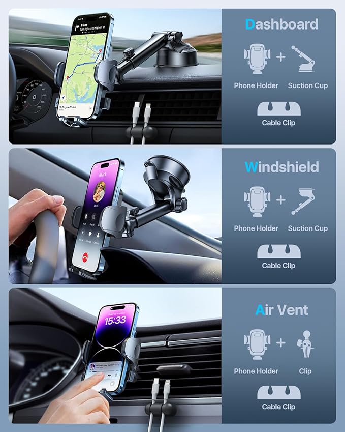 HTU [True Military-Grade] 2025 Upgraded Car Phone Holder 【Safety Certs & No Smell】 Cell Phone Holder for Car Mount for Dashboard Windshield Air Vent Long Arm Thick Case,Red