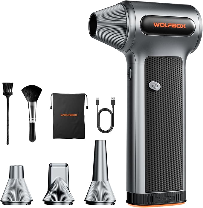 WOLFBOX MF200 Electric Air Duster with Removable Battery & 4 Nozzles, Cordless 3-Speed Adjustable Mini Blower for Computer Keyboard, Car Cleaning, Home, and Outdoor Use
