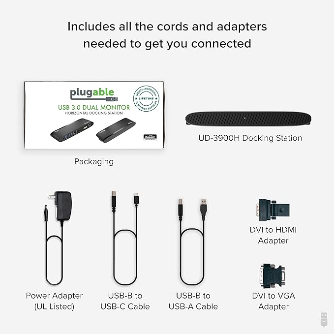 Plugable USB 3.0 Universal Docking Station for Windows, macOS, ChromeOS (Dual HDMI Monitors or DVI/VGA, Gigabit Ethernet, Audio, 6 USB Ports)