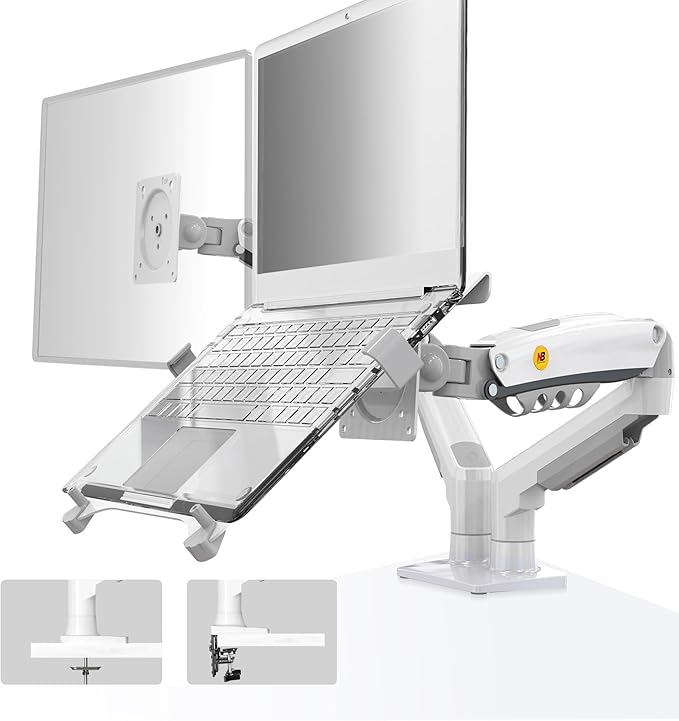 NB North Bayou Laptop Mount with Adjustable Tray for 10-17”Notebook, Full Motion Arm with VESA Plate for 17-30”Monitor,Clamp-on Grommet Mounting F160-FP (White)